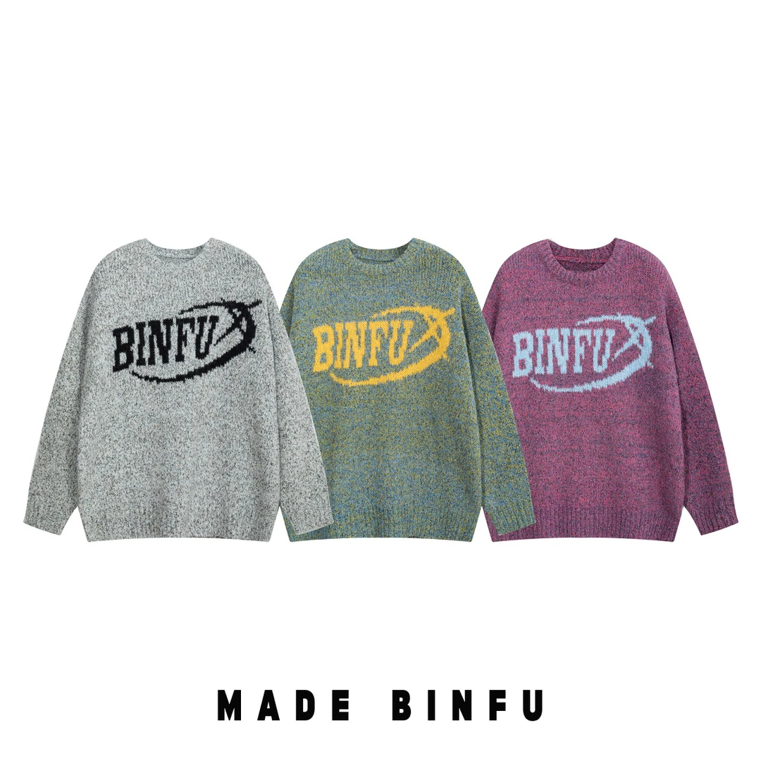 BINFU秋冬新款 男女同款设计感国潮宽松混纱线ins潮圆领毛衣