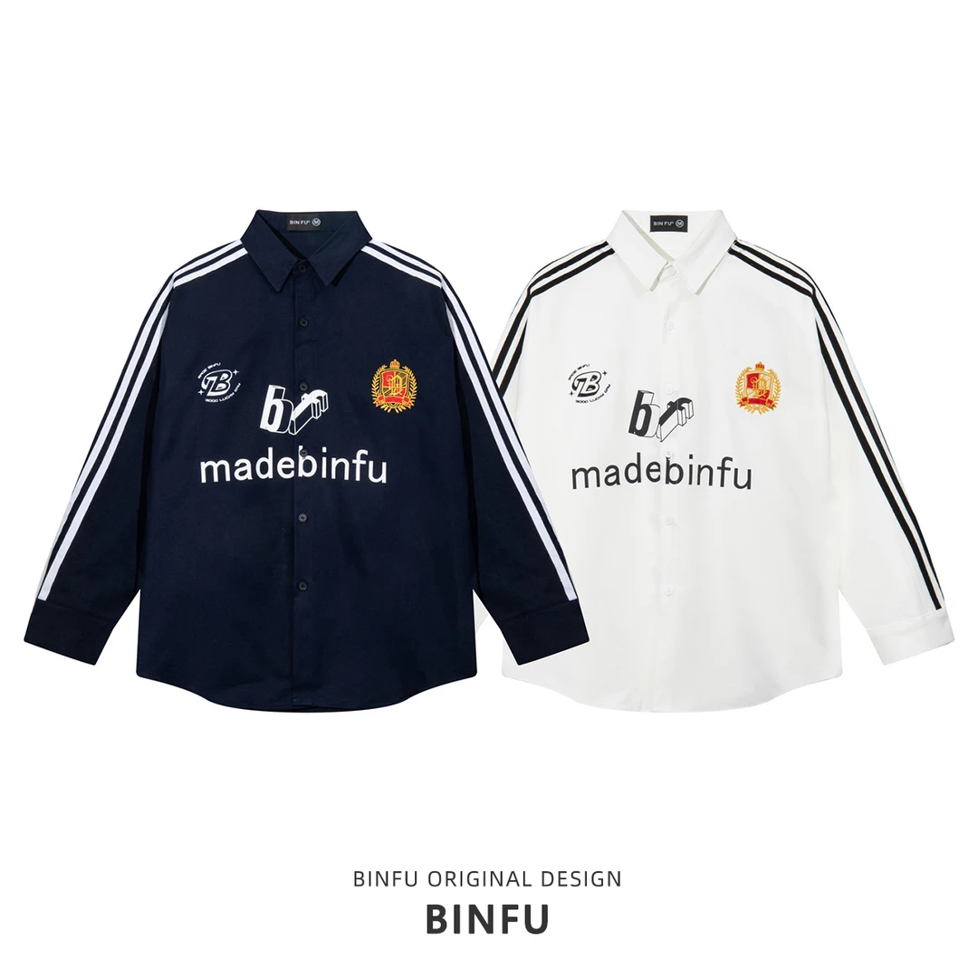 BINFU 秋装 巴家三条杠织带 印花刺绣男女休闲百搭宽松版长袖衬衫