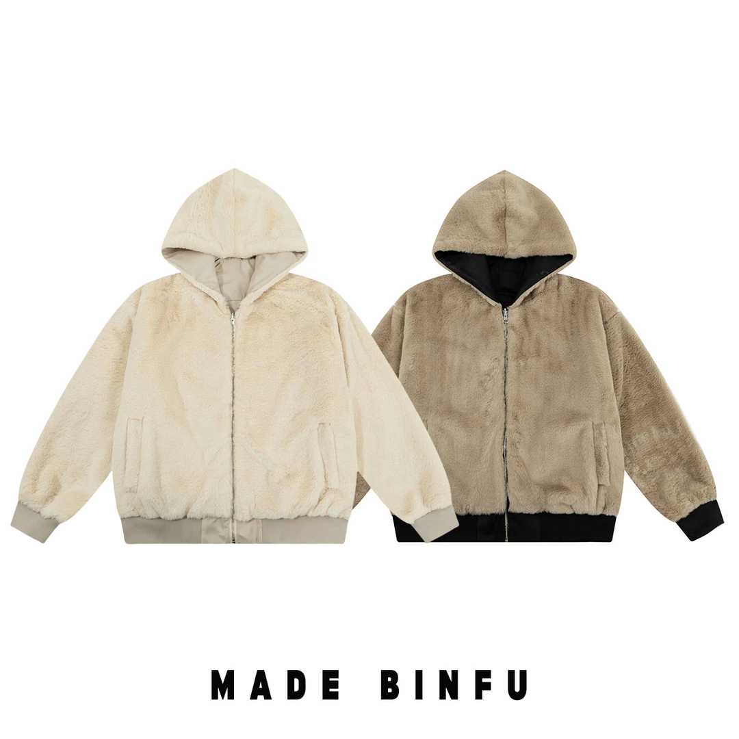 BINFU 冬装新款棉服男女同款美式复古风保暖双面可穿连帽棉衣外套