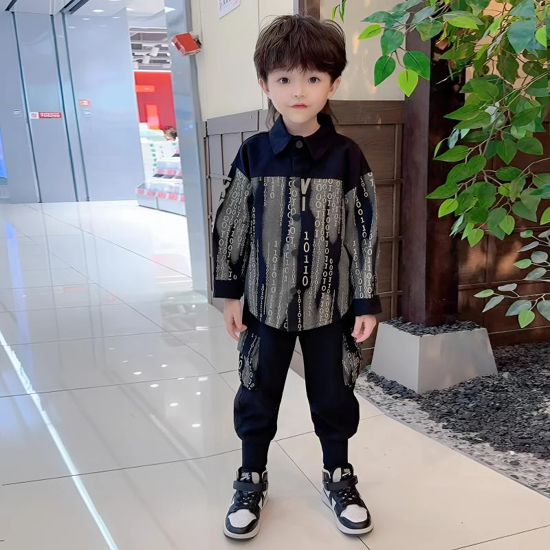 男童儿童套装秋装2024新款中小童春秋潮酷洋气时髦帅气衬衫两件套