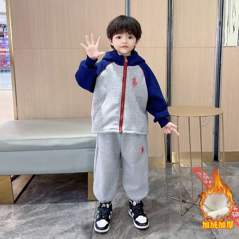 男童春秋装套装洋气2025新款儿童时尚韩版加绒休闲运动风两件套