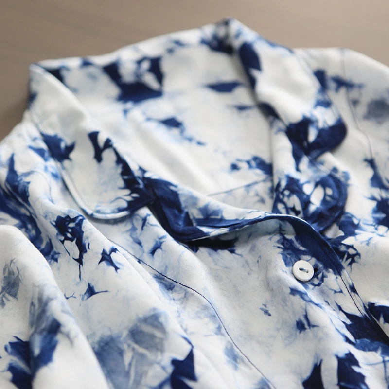 植物染色人棉蓝染衬衫套装薄款夏季复古碎花宽松