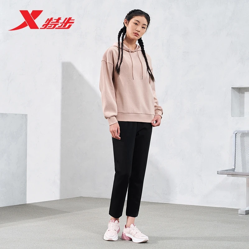 特步连帽卫衣女2024春季新款针织套头衫简约运动上衣976128930048