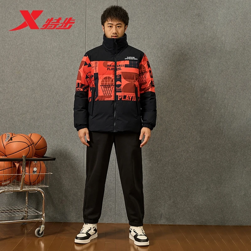 特步运动羽绒服男士秋冬季潮流满印棉衣防风休闲外套977429190723