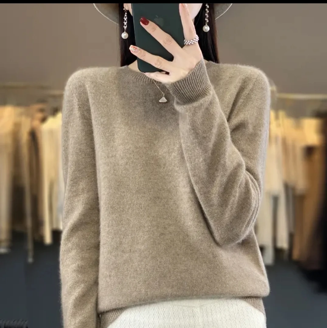 春季新款100%纯羊毛一线成衣经典百搭加厚圆领羊毛衫宽松纯色毛衣