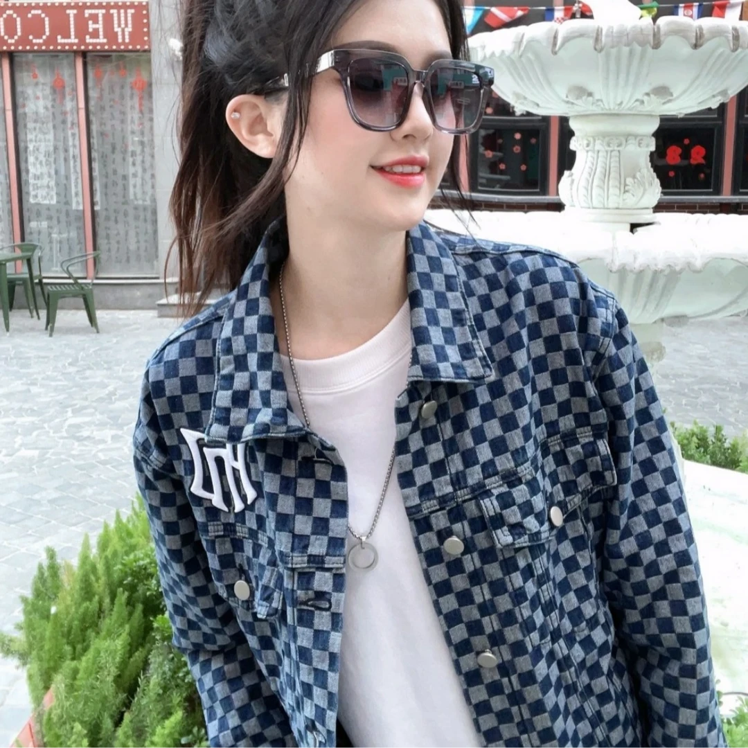 棋盘格牛仔外套复古韩版时尚休闲上衣美式百搭牛仔格子外穿夹克