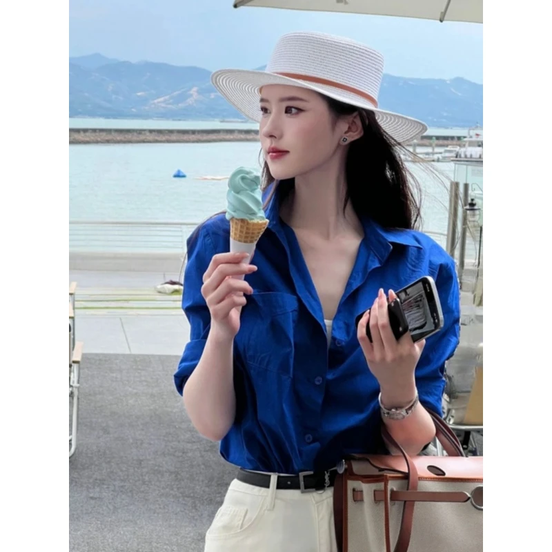 韩系通勤克莱因蓝色衬衫女冬季职业御姐新款衬衣初入职场穿搭上衣