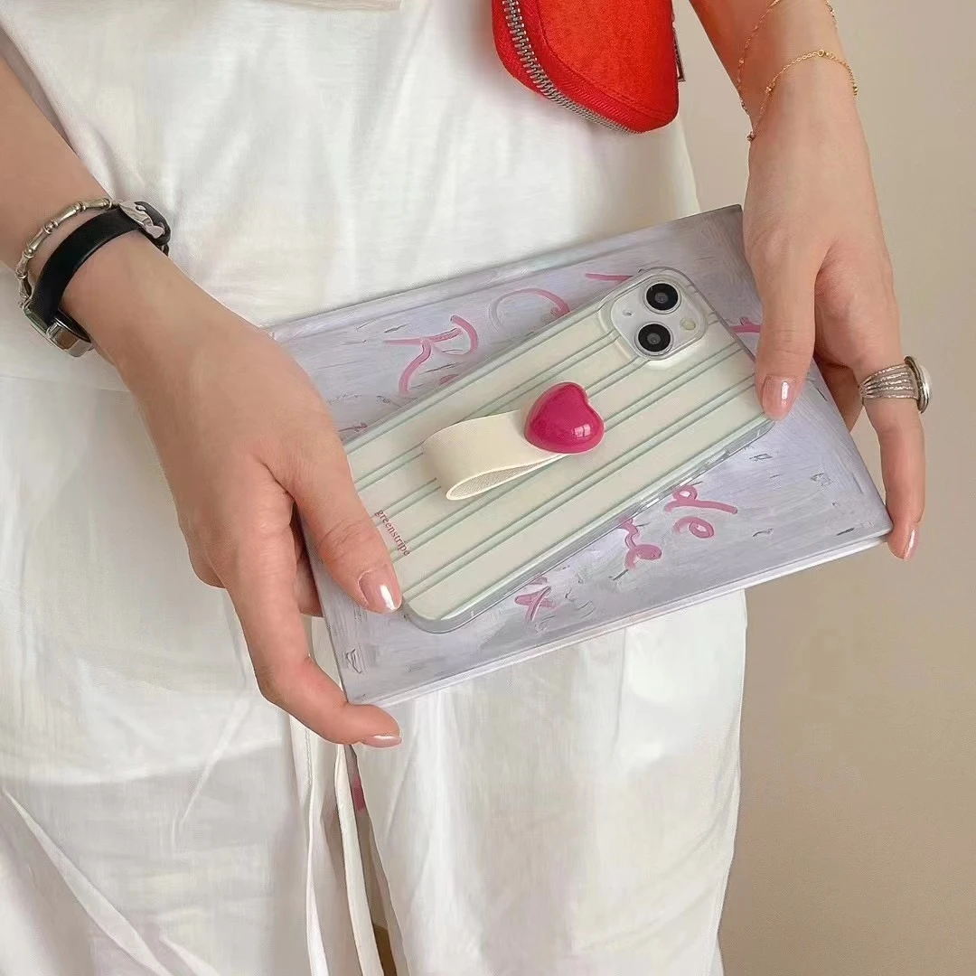 韩系ins条纹爱心皮质指环适用苹果14手机壳iphone15promax防摔