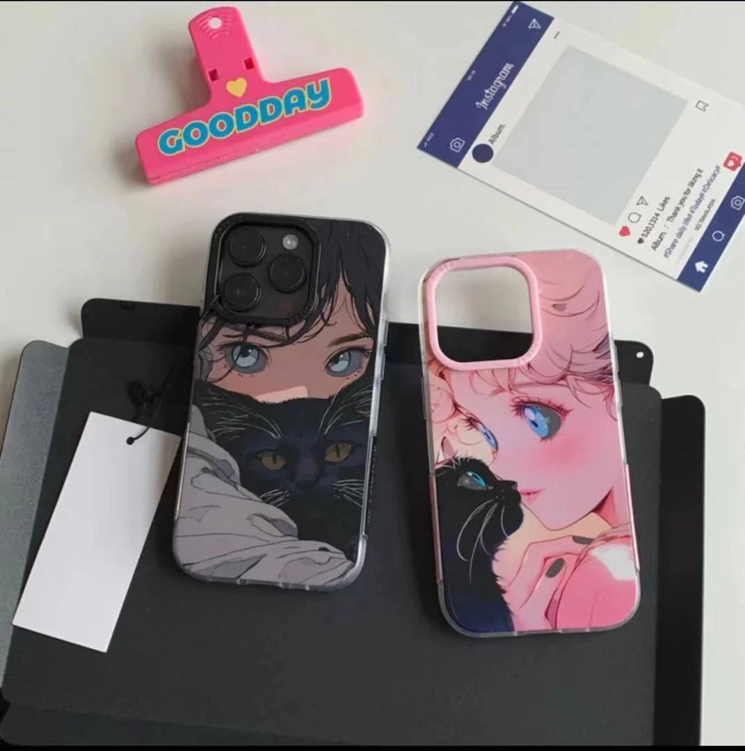 可爱卡通漫画风猫咪女孩适用iphone15promax苹果14手机壳双层