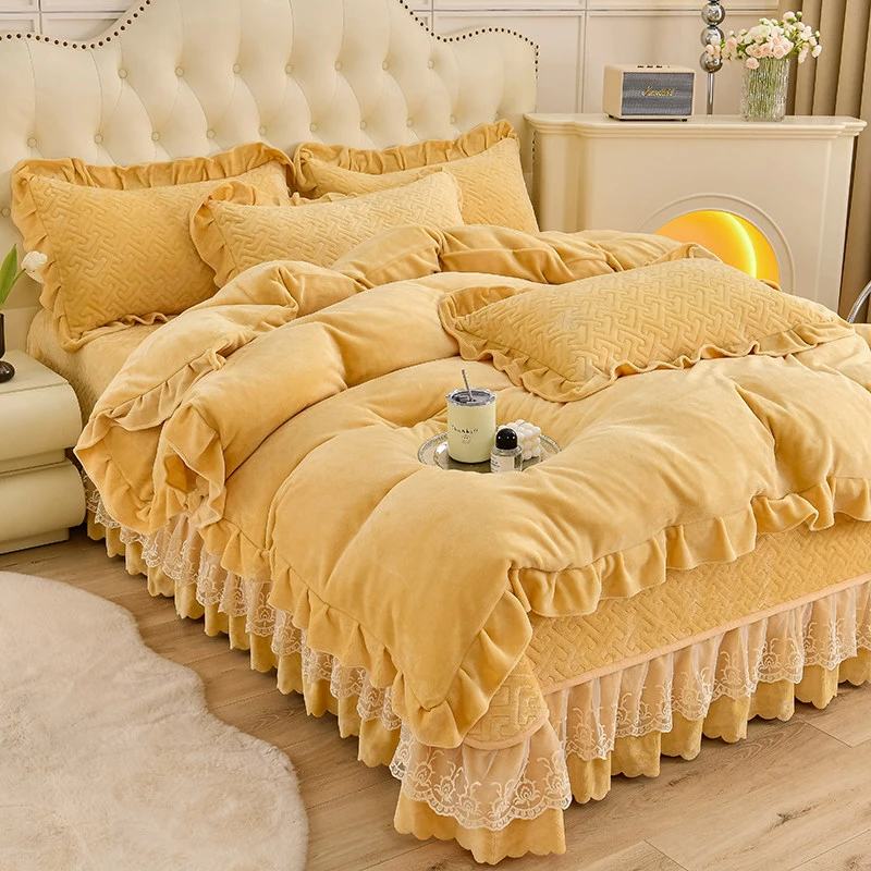 床盖款牛奶绒四件套韩版蕾丝边加厚抗静电小清新纯色三件套四件套