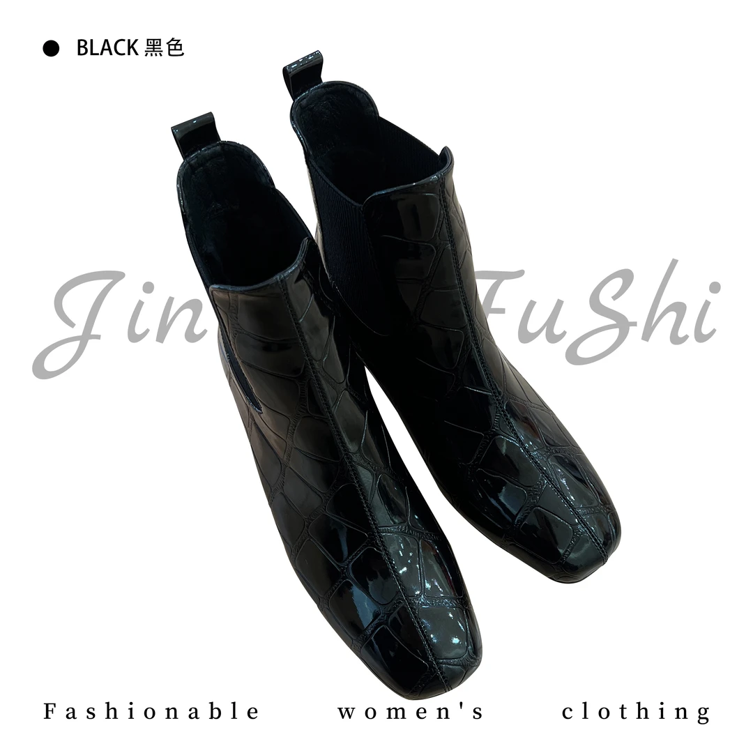 【金典女人服饰】方头粗跟漆皮英伦风百搭短靴    石头纹女筒靴8-39