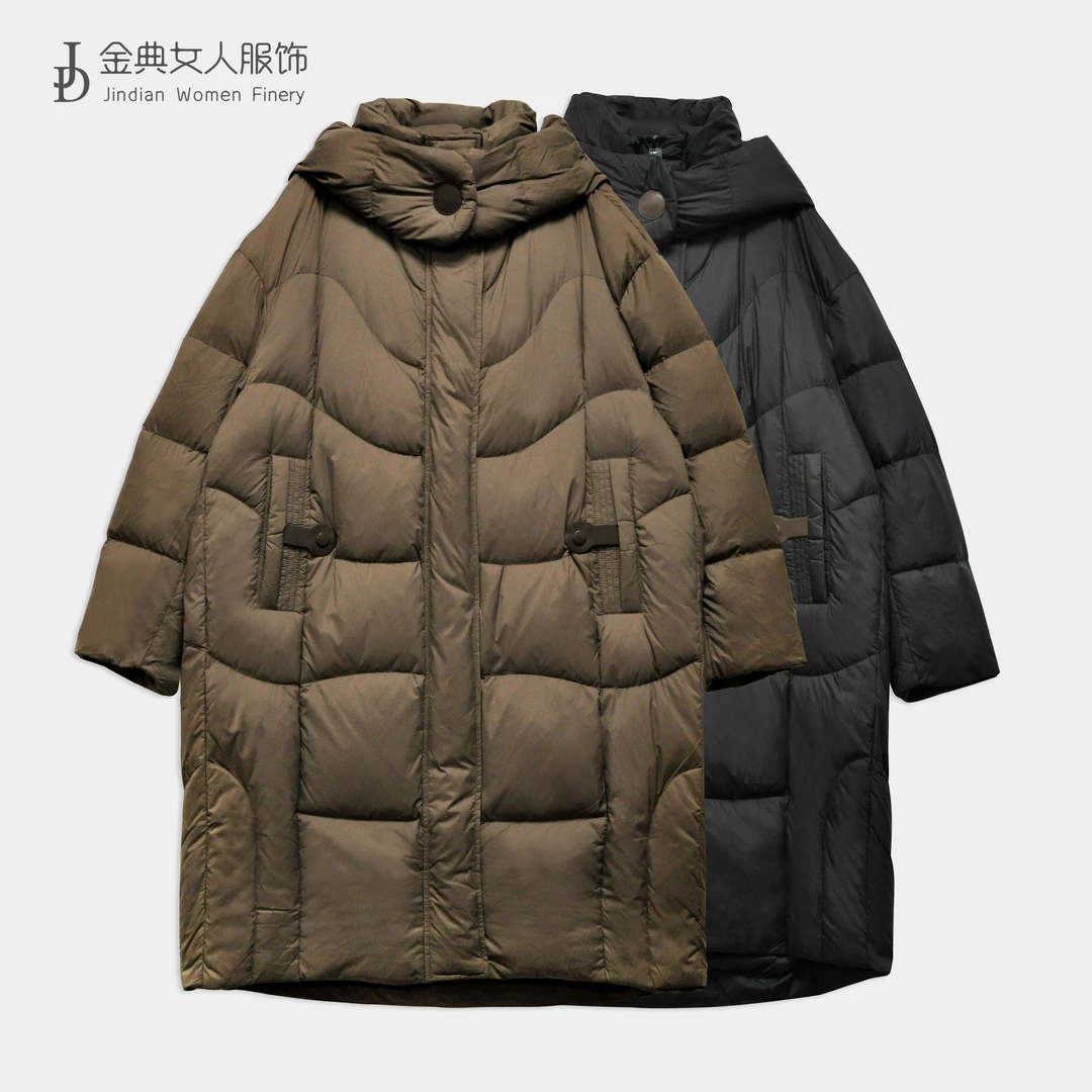 【金典女人服饰】冬季新款连帽女长款拉链保暖羽绒服  宽松外套1063
