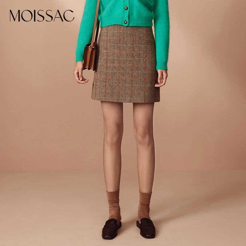 摩萨克 冬季复古人字纹毛呢A字半裙MWCD20210 DB