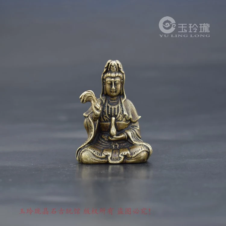 铜观音小摆件实心黄铜净瓶观音铜佛像仿古铜微雕铜像菩萨古玩铜器