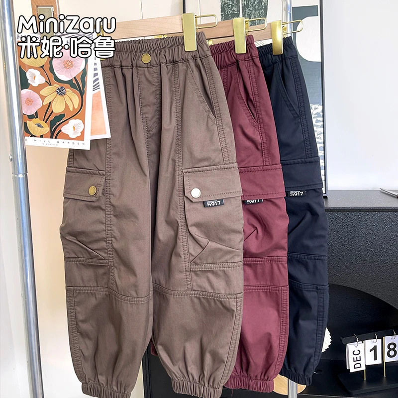 {春款不加绒专属}米妮哈鲁儿童工装裤新款简约宽松休闲中大童