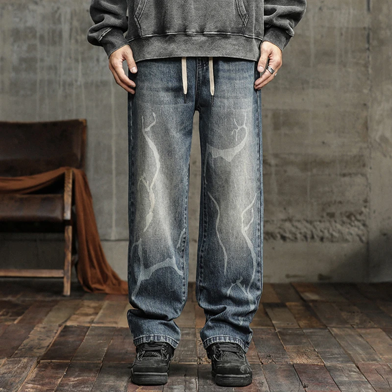 秋冬新款牛仔裤男宽松休闲美式复古高街直筒潮牌松紧腰阔腿裤688