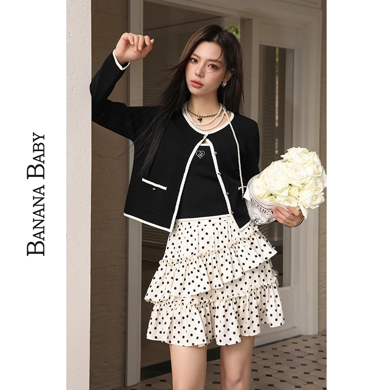 BANANA BABY2024春新款小香风撞色针织开衫短款时尚气质D241MY038