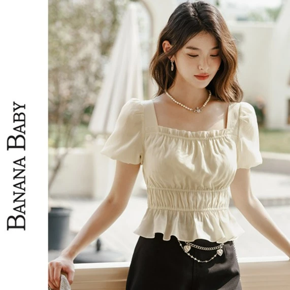 BANANA BABY2023年夏新款甜美别致衬衫女泡泡袖收腰衬衣D232CS223