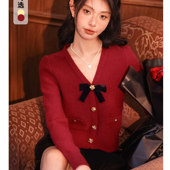 BANANA BABY新甜美复古针织衫女蝴蝶结温柔风新年红毛衫D241MY006