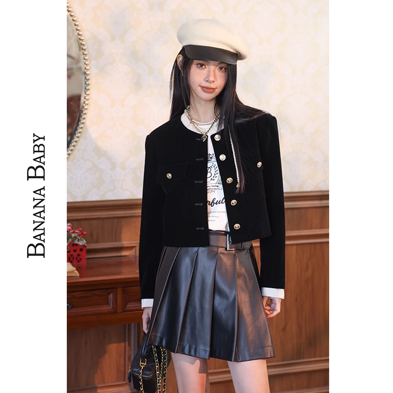 BANANA BABY款复古千金风丝绒短外套女小个子设计感上衣D234WT865
