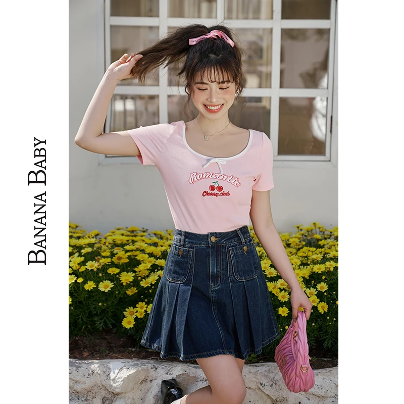 BANANA BABY百褶牛仔短裙女高腰A字型半身裙D242QZ229+D242QZ926