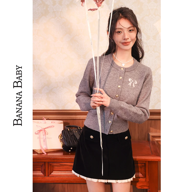 BANANA BABY新款高级感蝴蝶结针织开衫女法式小个子设D244MY663