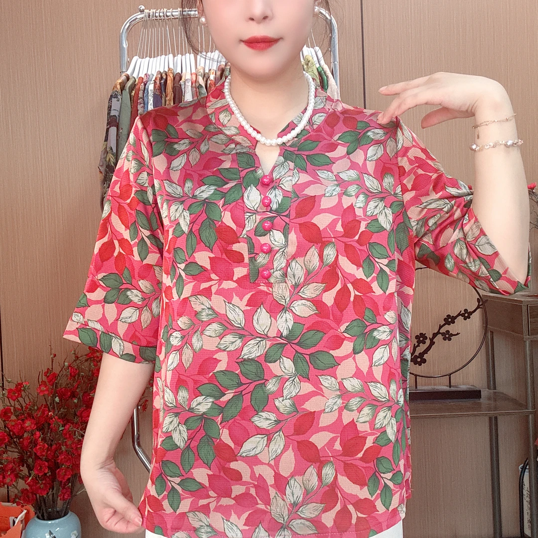 【红叶】夏季新款立领短袖高端洋气显瘦休闲百搭气质妈妈装复古