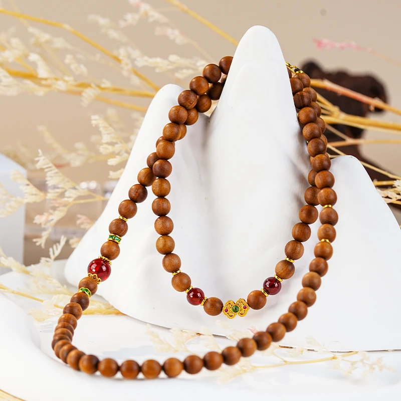 【山海拾珠】6MM老山檀珠S925银镀金绿刚玉如意项链