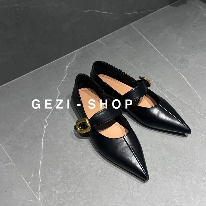 【鸽子的衣橱】新款浅口低跟复古金属扣爆款经典百搭洋气尖头平底鞋