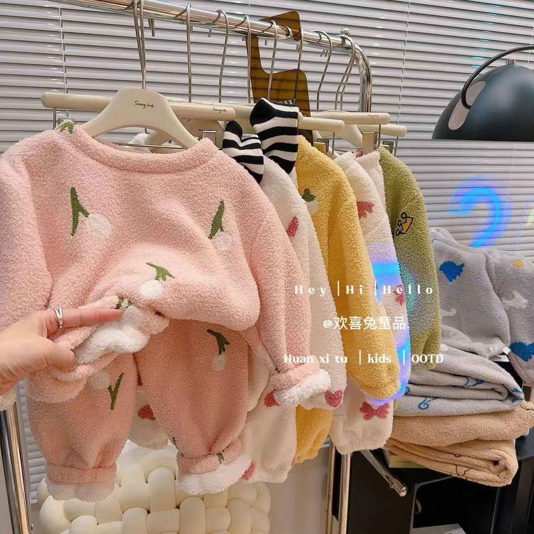 【加绒巨高品！超厚超柔软】冬季云朵绒绣花睡衣儿童保暖家居服套装