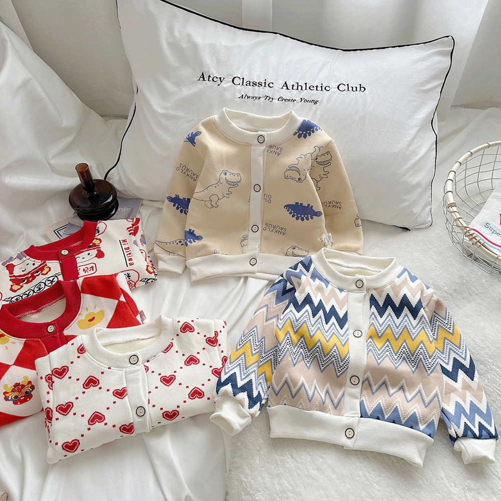 【A类加绒加厚针织衫】儿童秋冬宝宝开衫男童加绒加厚女童毛衣外套