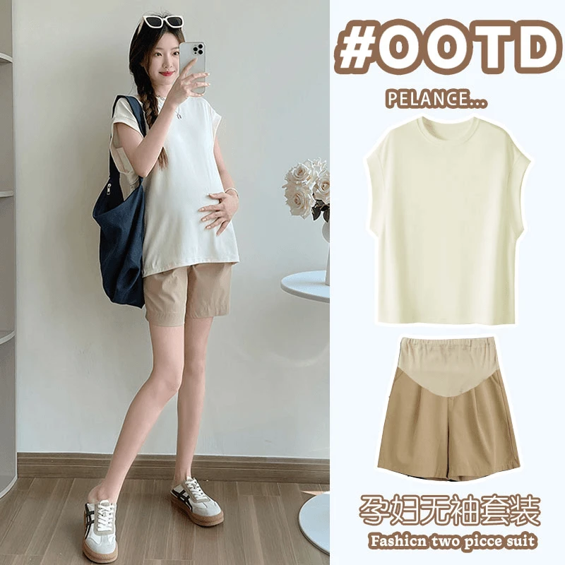 孕妇t恤夏季无袖上衣宽松遮肚不显怀大码显瘦圆领薄款短裤两件套
