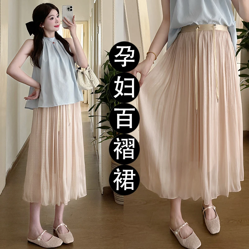 实拍新款夏季轻奢流光纱裙中长款高腰A字裙型气质百搭孕妇半身裙