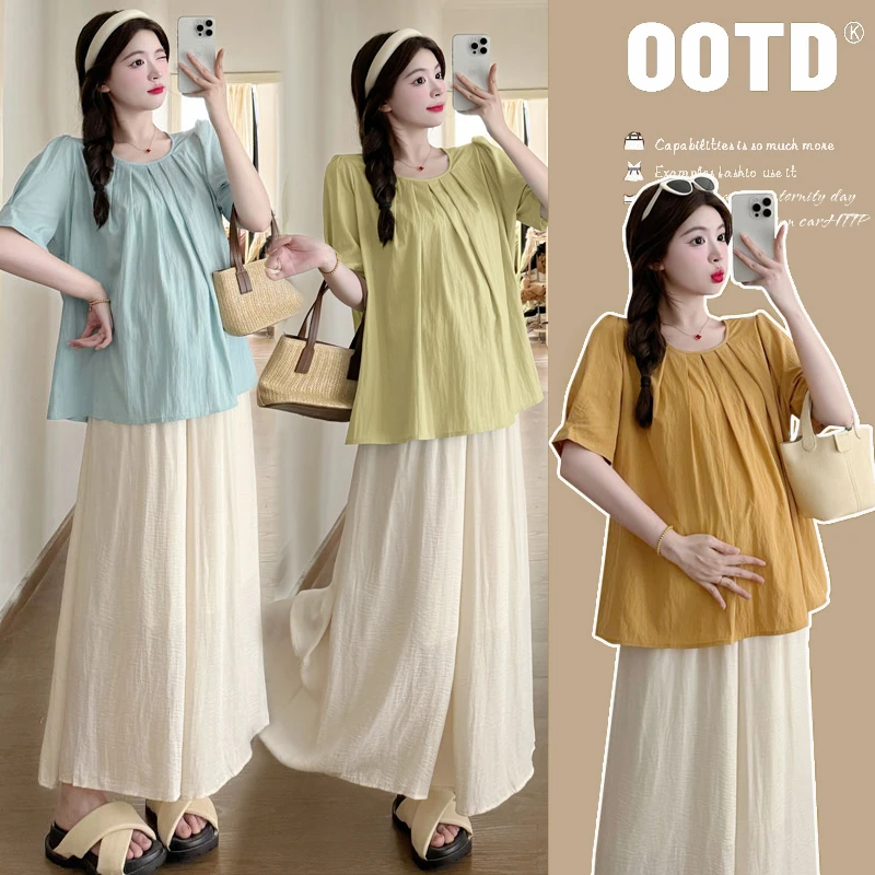 孕妇装夏装时尚款韩版宽松舒适纯色孕妇衬衫夏天潮妈短袖孕妇上衣