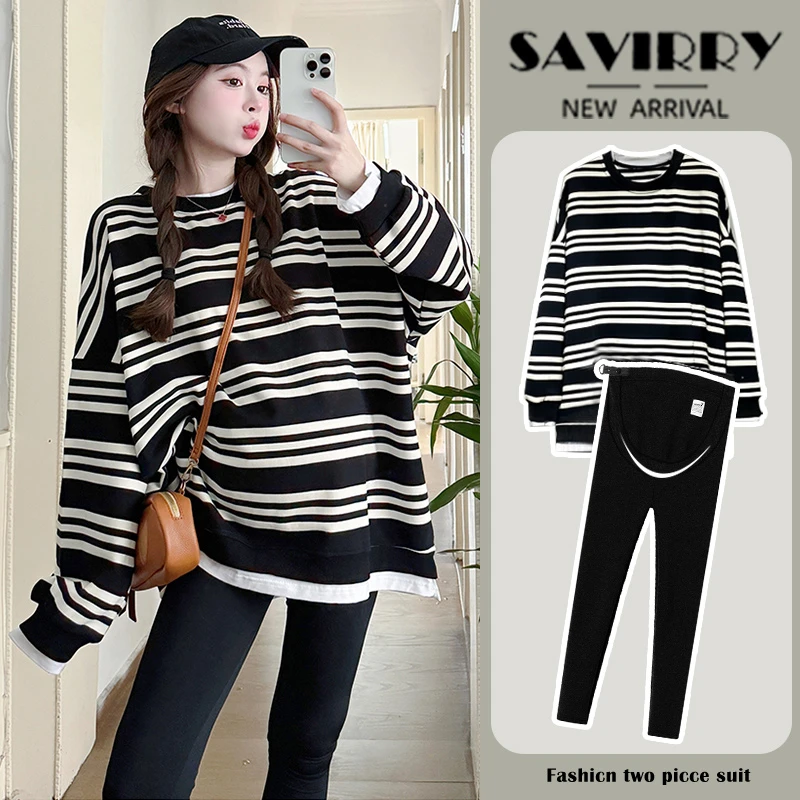 孕妇装2025秋冬新款孕妇条纹T恤卫衣假两件套大码显瘦孕妇上衣潮
