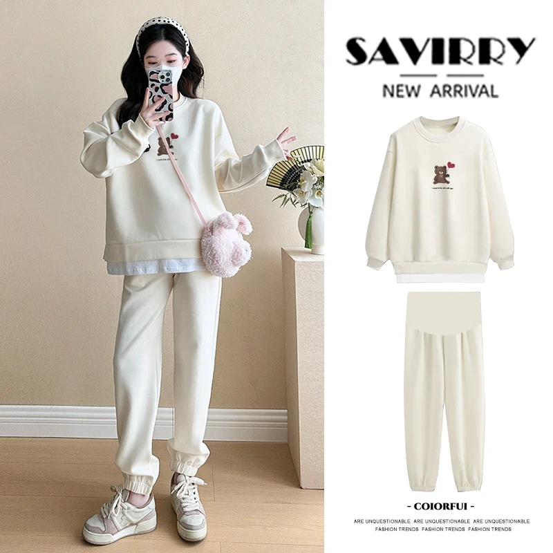 孕妇套装卡通小熊时尚洋气时髦卫衣上衣裤子两件套2025新款春秋冬