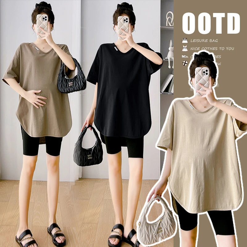 孕妇夏装短袖v领t恤上衣时尚套装夏季女小个子韩版宽松遮肚打底衫