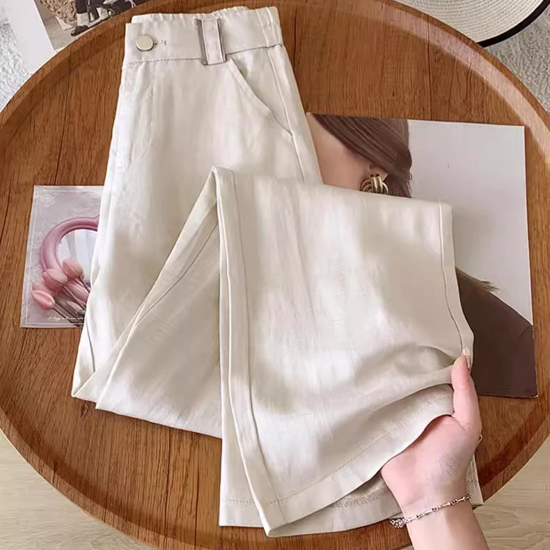 天丝亚麻休闲直筒裤子女2025夏季新款松紧高腰垂感薄款阔腿裤