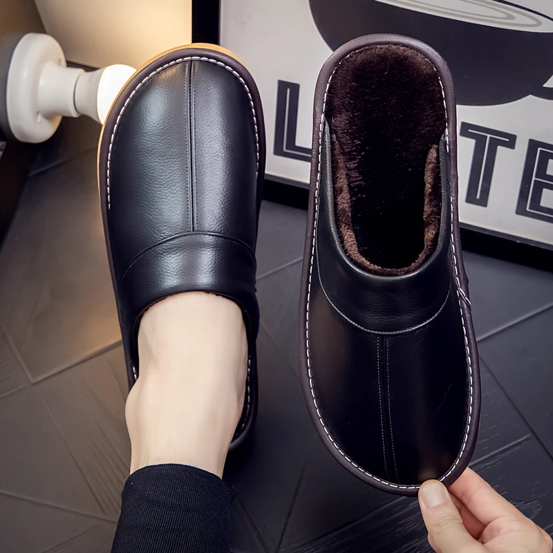 夏莉迩【头层牛皮】真皮棉拖鞋男女冬季家用防滑室内保暖防水皮拖鞋