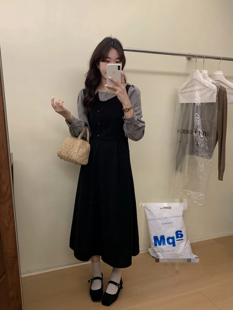 法式复古学院风长袖连衣裙小众设计感娃娃领秋冬款