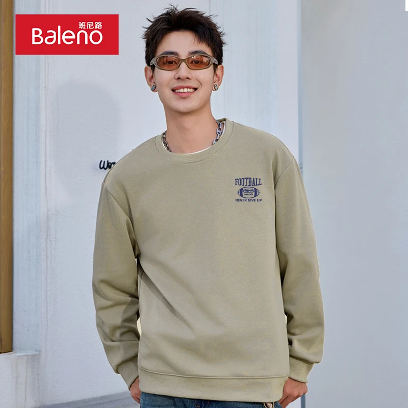 班尼路2025新款米咖卫衣男士美式复古春季男上衣多色圆领套头衫B