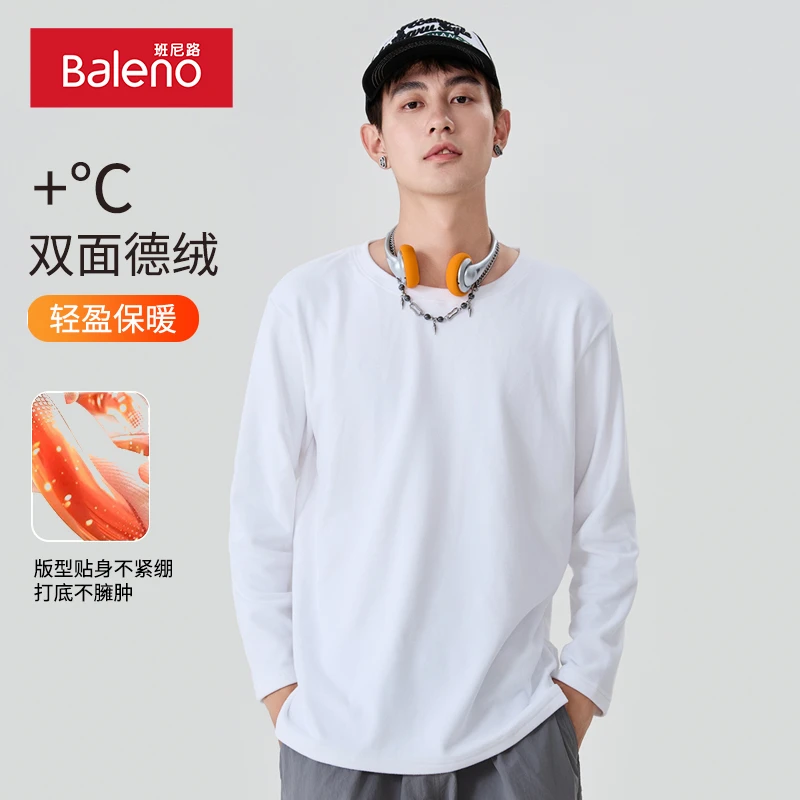 班尼路白色双面绒长袖T恤男女时尚保暖打底衫情侣休闲磨毛圆领衫B
