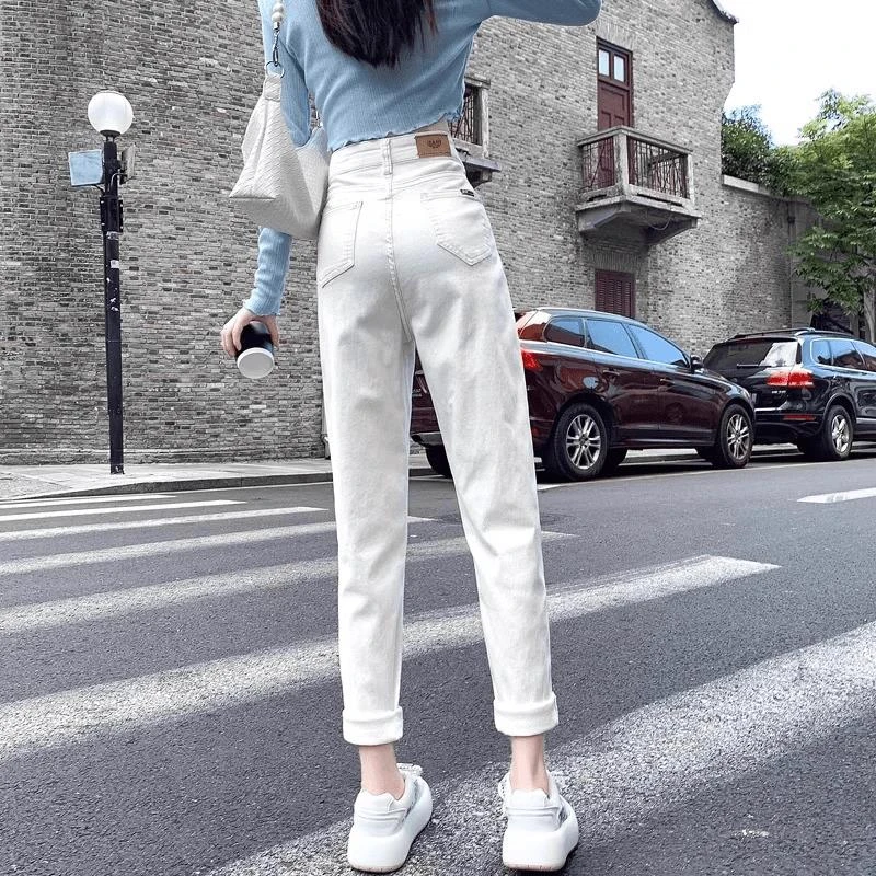 雪千羽白色哈伦牛仔裤女春秋2025新款高腰直筒宽松小个子老爹裤子