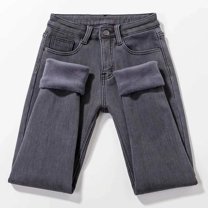 雪千羽烟灰色加绒牛仔裤女小脚铅笔裤显瘦冬季保暖加厚弹力紧身裤