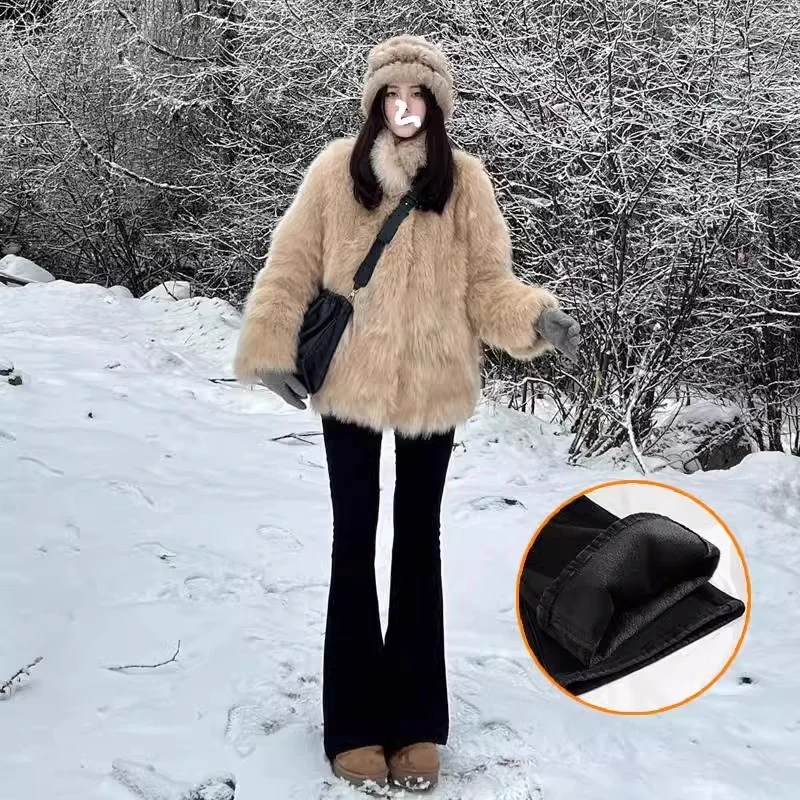 雪千羽黑色加绒微喇牛仔裤女2025冬季新款修身显瘦显高马蹄喇叭裤