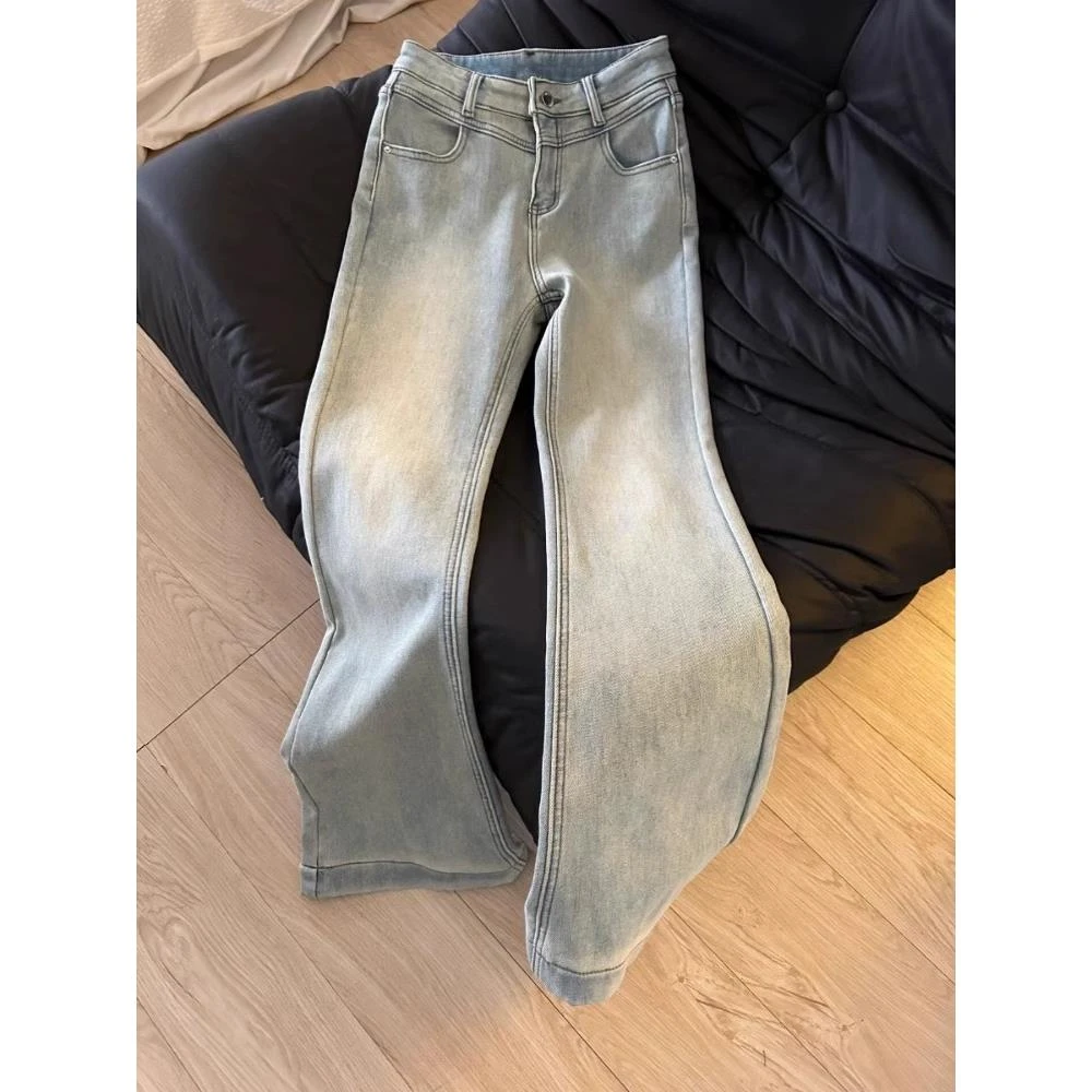 设计感浅色微喇叭牛仔裤女早春新款复古水洗高腰弹力小个子马蹄裤