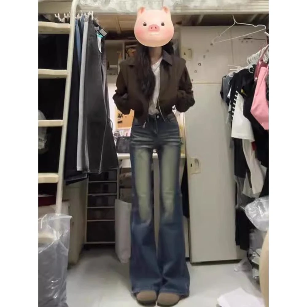 雪千羽复古怀旧辣妹微喇牛仔裤女春秋新款设计感修身拖地弹力裤子