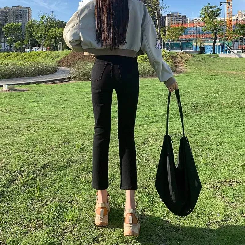 黑色直筒牛仔裤女春秋2024年新款修身九分高腰法棍裤显瘦烟管裤子