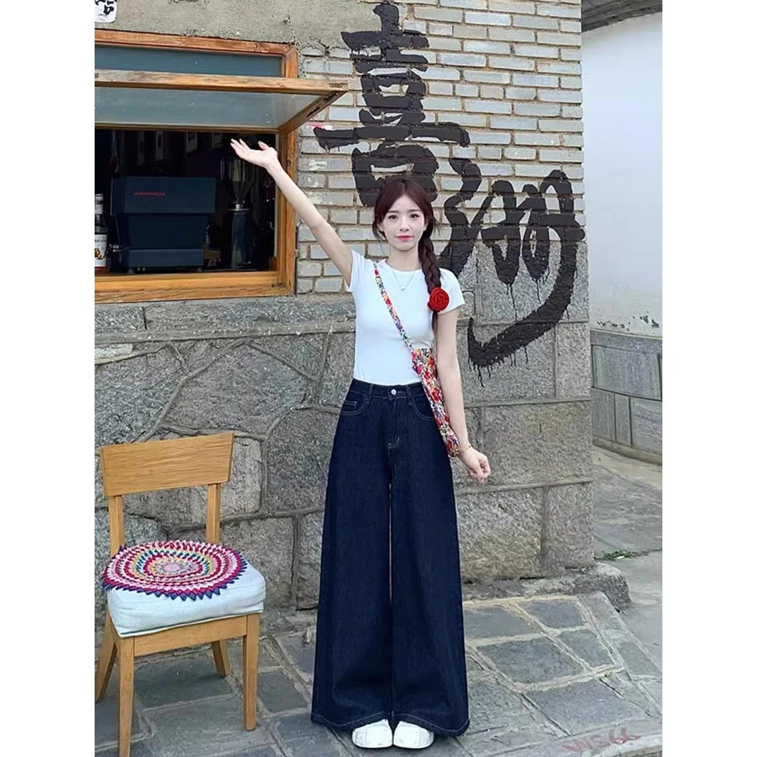 雪千羽高个子美式复古牛仔裤女2025夏薄款高腰宽松垂感阔腿拖地裤