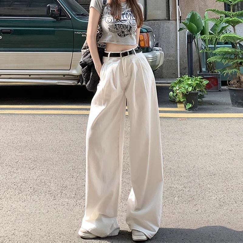 雪千羽美式白色阔腿牛仔裤女春秋高腰显瘦宽松褶皱慵懒垂感直筒裤